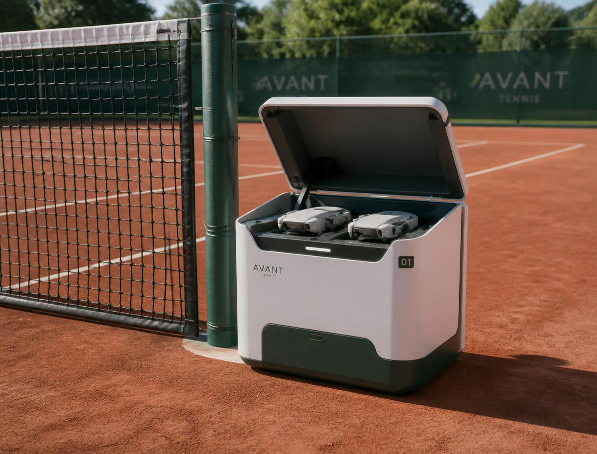 CleanLine docking station for two drones next to the net on a clay court