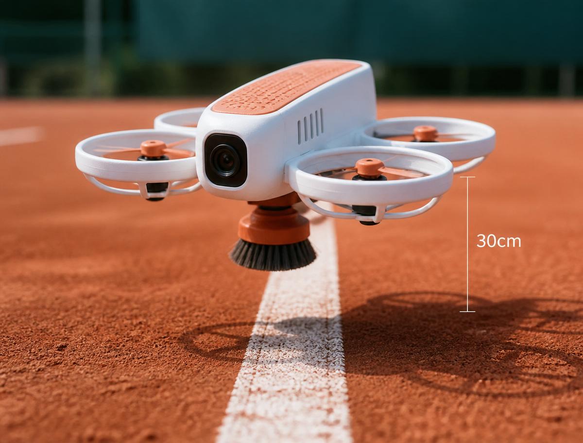 CleanLine micro-drone with rotary brush above a white clay court line