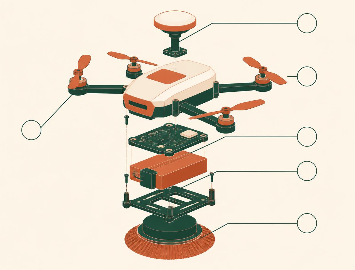 Infographic: exploded diagram of the CleanLine micro-drone with rotary brush